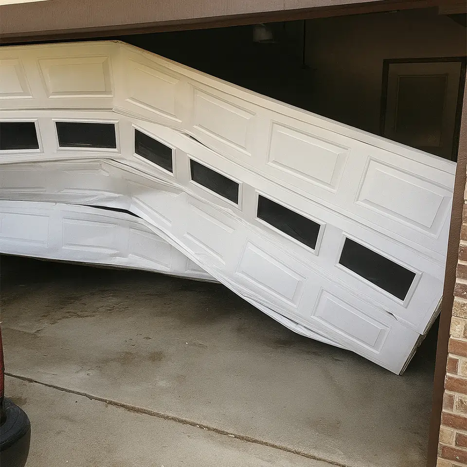 Broken sectional garage door in Dearborn Heights, MI before repair — door off track with damaged spring