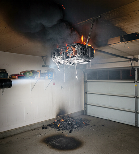 Damaged garage door opener motor with burned wiring and visible wear