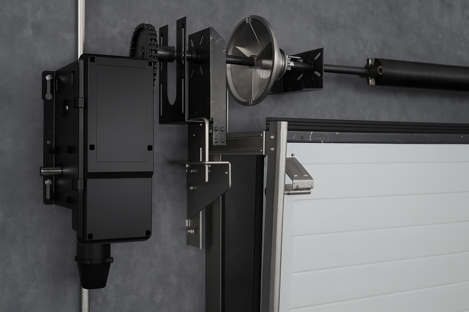 Side-mounted commercial garage door operator with chain and gear mechanism installed on industrial door