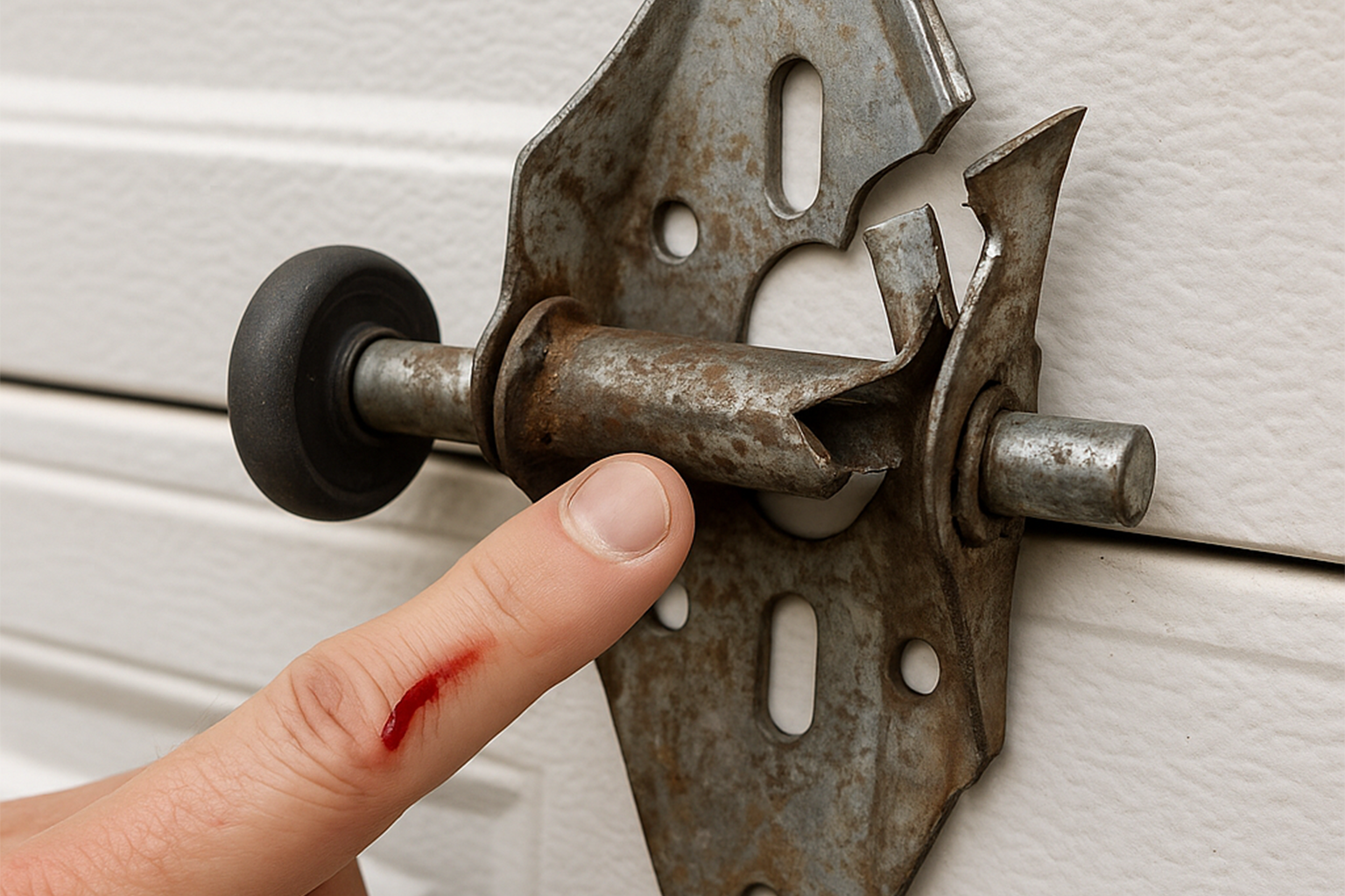 Close-up of a broken, rusted garage door hinge with a person’s injured finger pointing at the damage