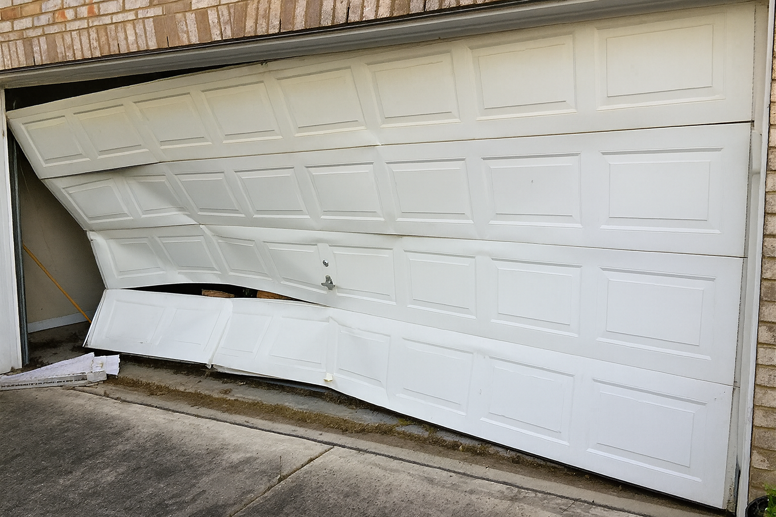 White garage door with multiple broken and bent panels after damage