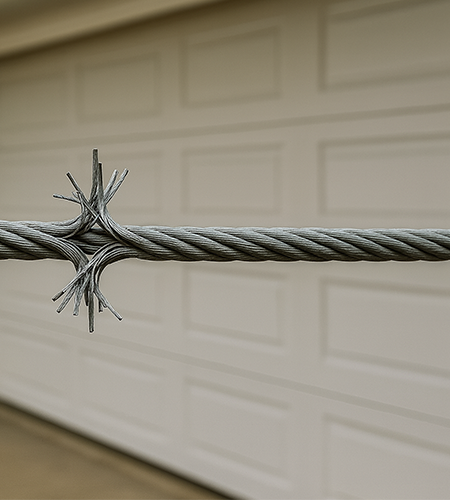 Close-up of a frayed garage door cable with broken strands in front of a residential garage door