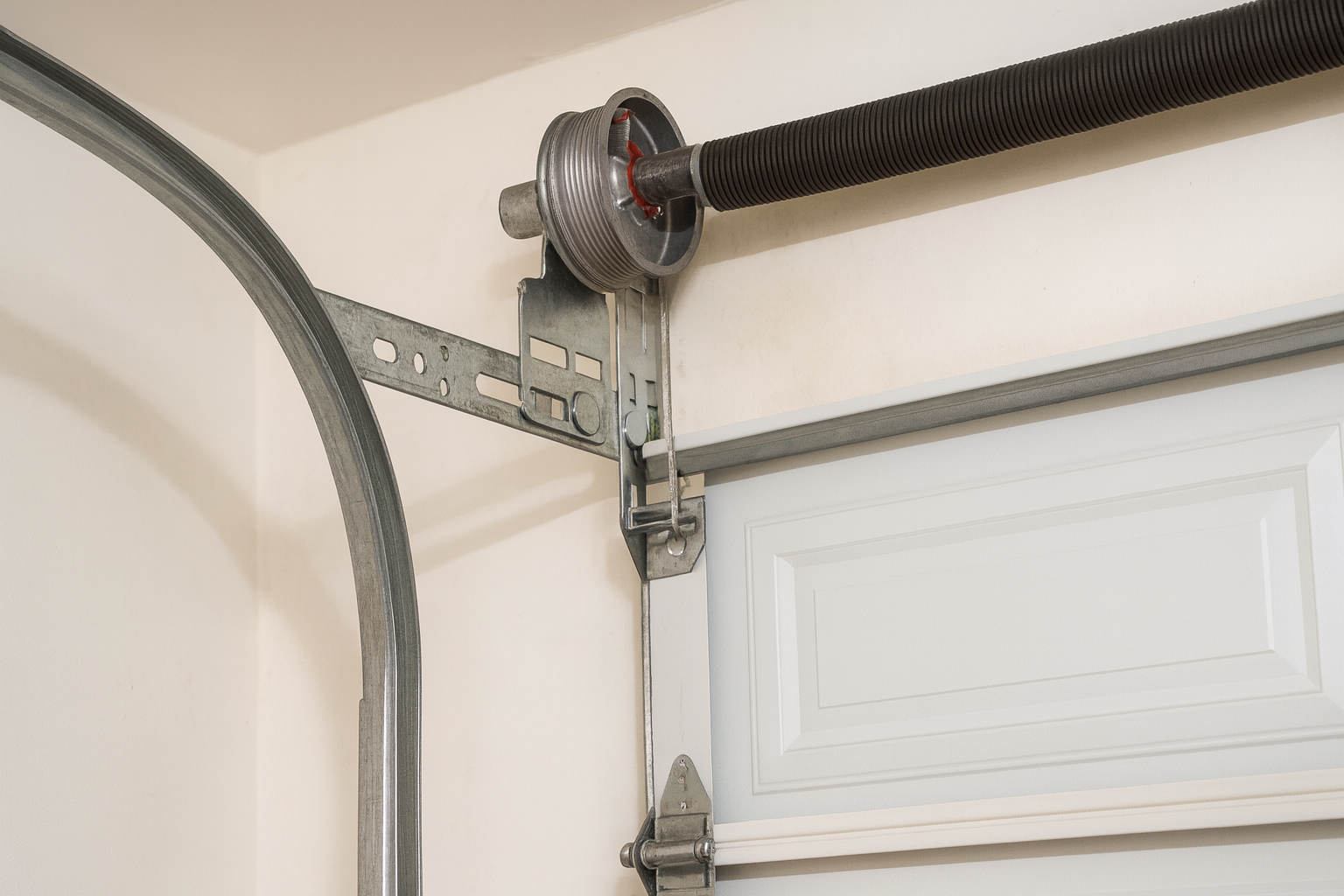Close-up view of a garage door cable drum and torsion spring system attached to the top corner of a residential garage door