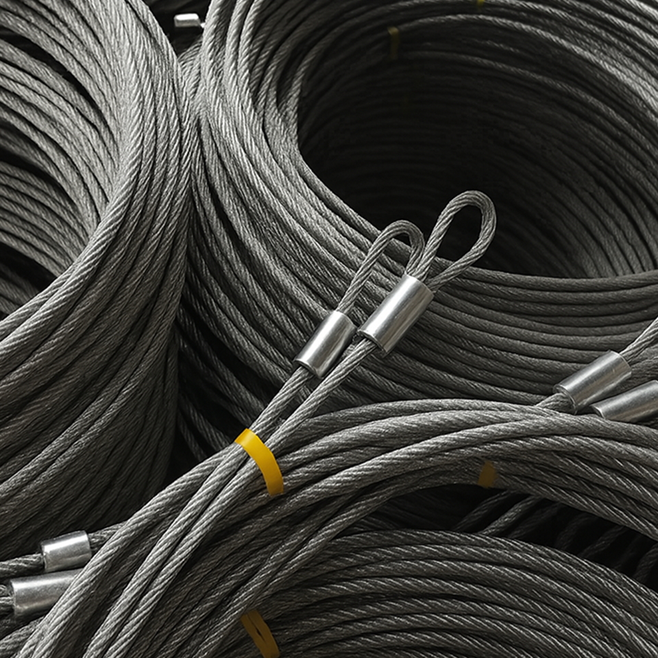 A close-up shot of coiled steel cables used for garage doors, with a looped end and a yellow tie