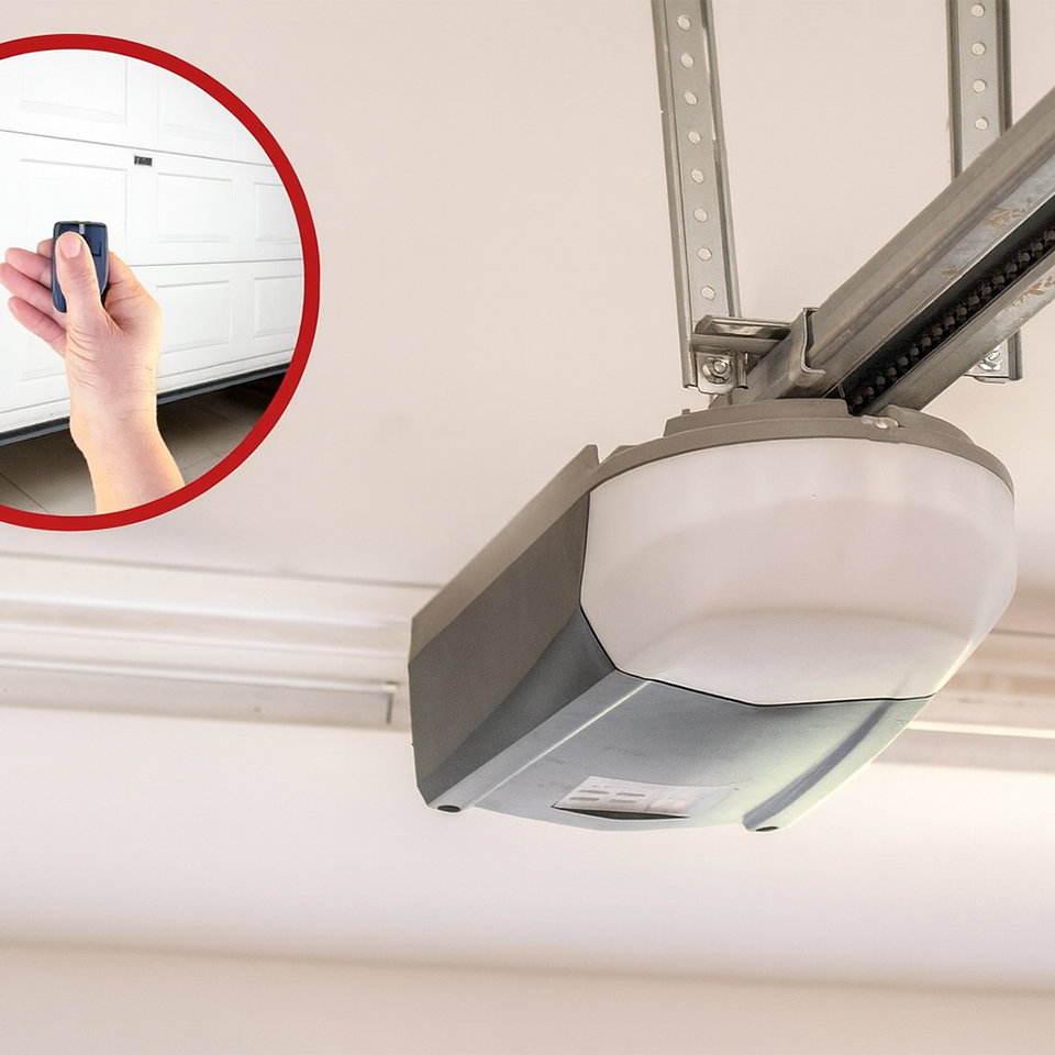 Close-up of a garage door opener system with a hand holding a remote control to operate the door