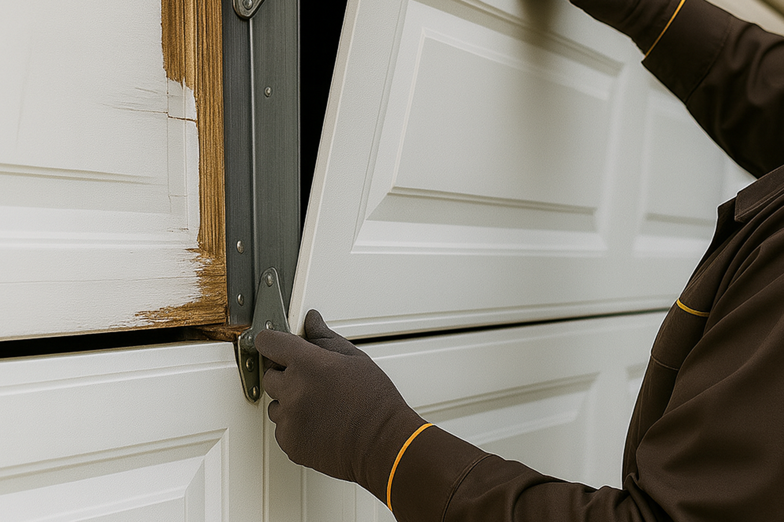 Technician in dark brown jumpsuit replacing a damaged garage door panel with a new white section