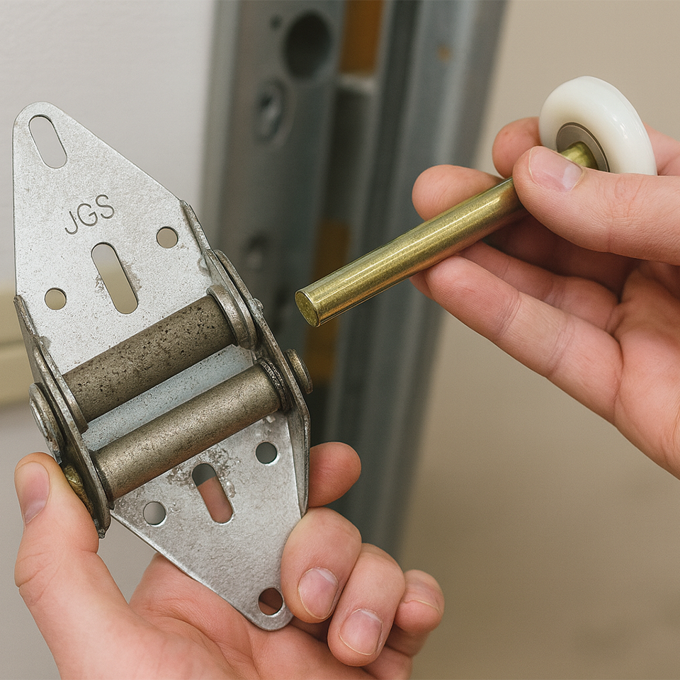 Close-up of technician repairing garage door roller and hinge assembly for smooth operation