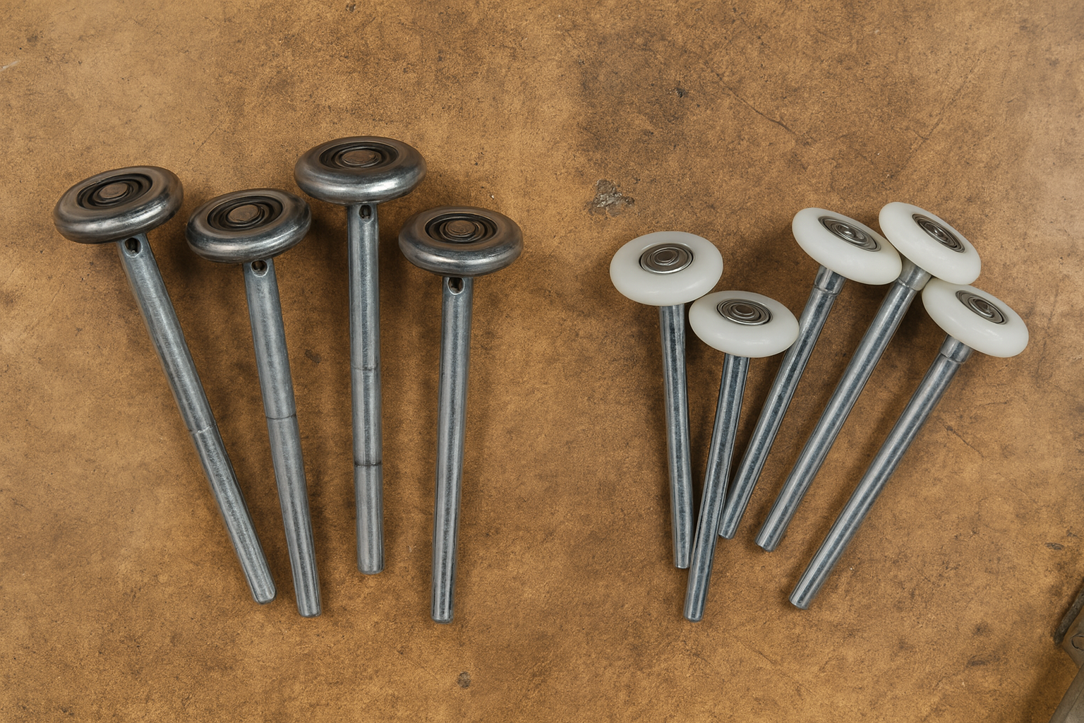 Comparison of old metal garage door rollers and new nylon rollers placed side by side