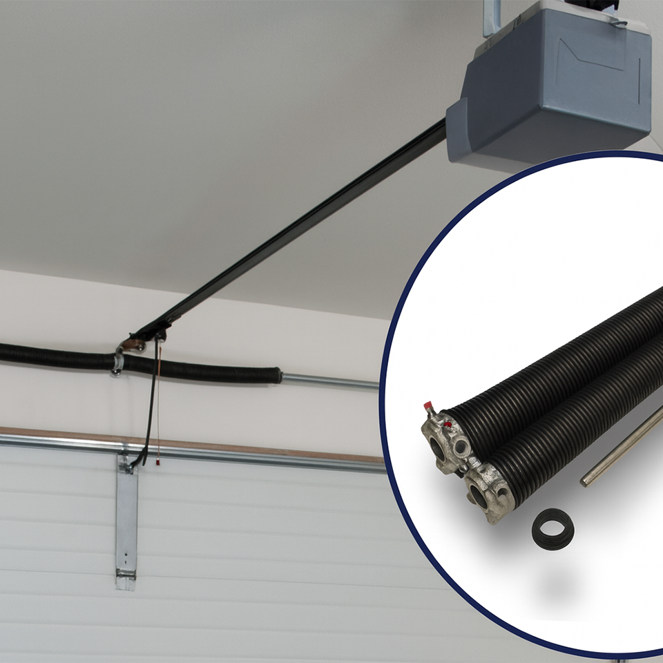 Close-up of a garage door torsion spring installed above a sectional residential garage door