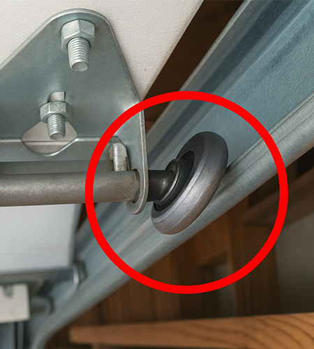 Close-up of a misaligned garage door roller inside the metal track causing door malfunction