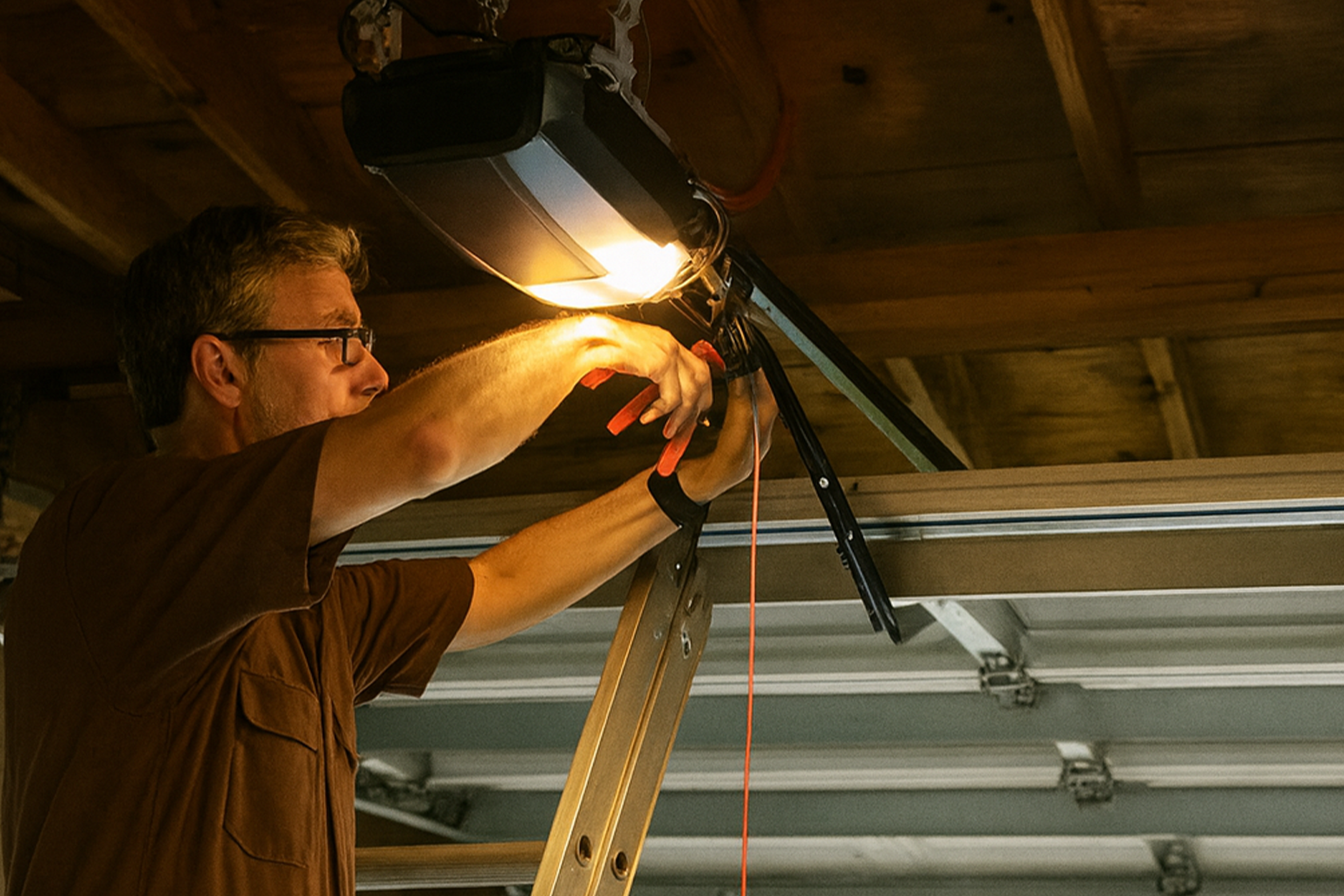 Technician in dark brown jumpsuit performing proper garage door opener installation on a ladder